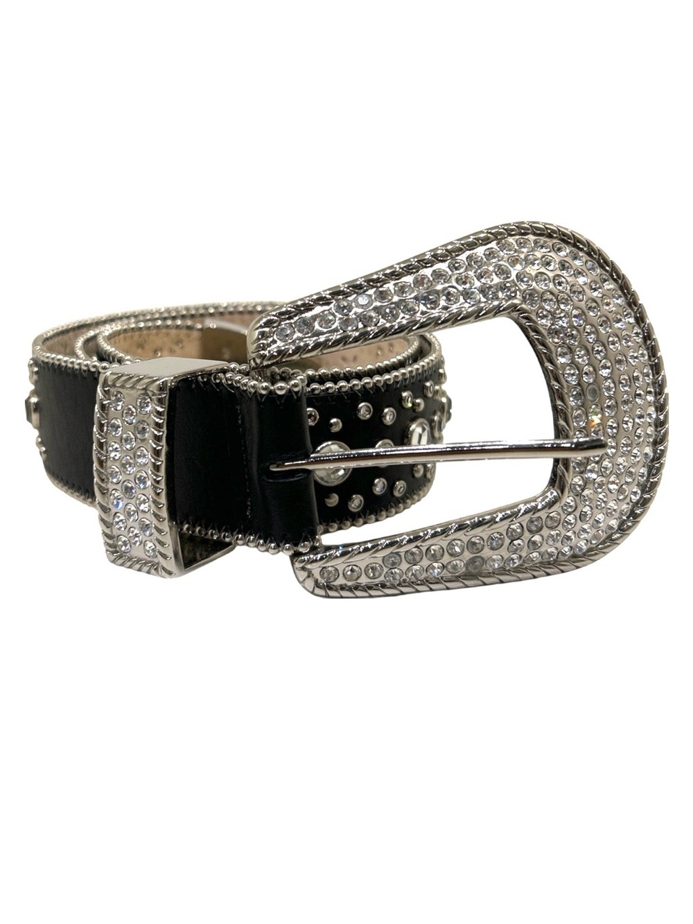 Christine Alexander Black Belt with Rhinestone-Embellished Silver Buckle